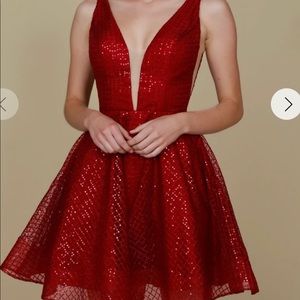 Red sequin cocktail plunge mini dress tulle illusion v neck party prom formal